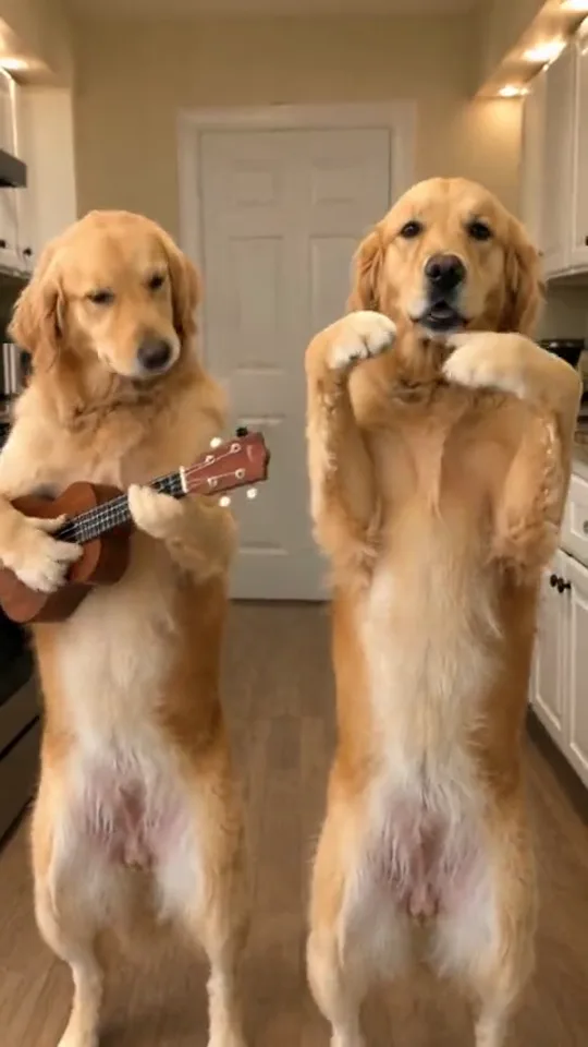 Two golden retrievers standing upright in a kitchen, one holding a ukulele