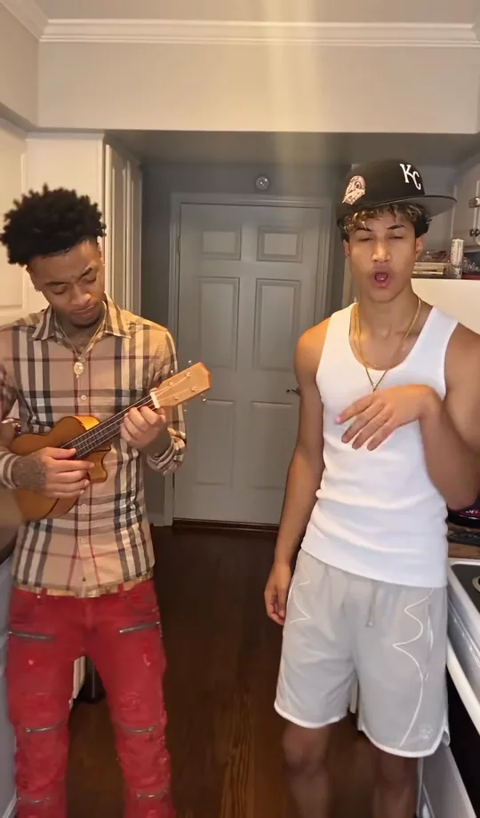 A man in a plaid shirt playing ukulele next to a singer in a white tank top and baseball cap