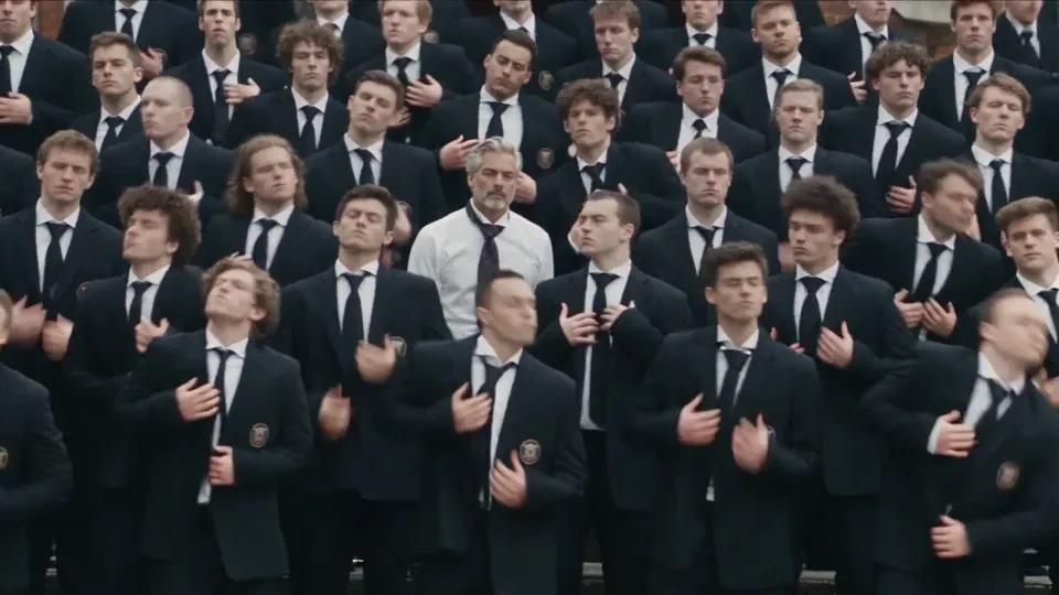 White-shirted center figure surrounded by dark-suited dancers beginning a synchronized bow