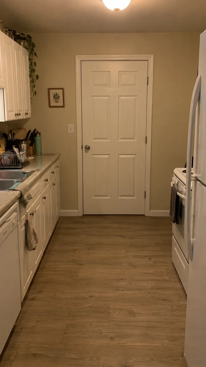 The default background: an empty narrow kitchen at night
